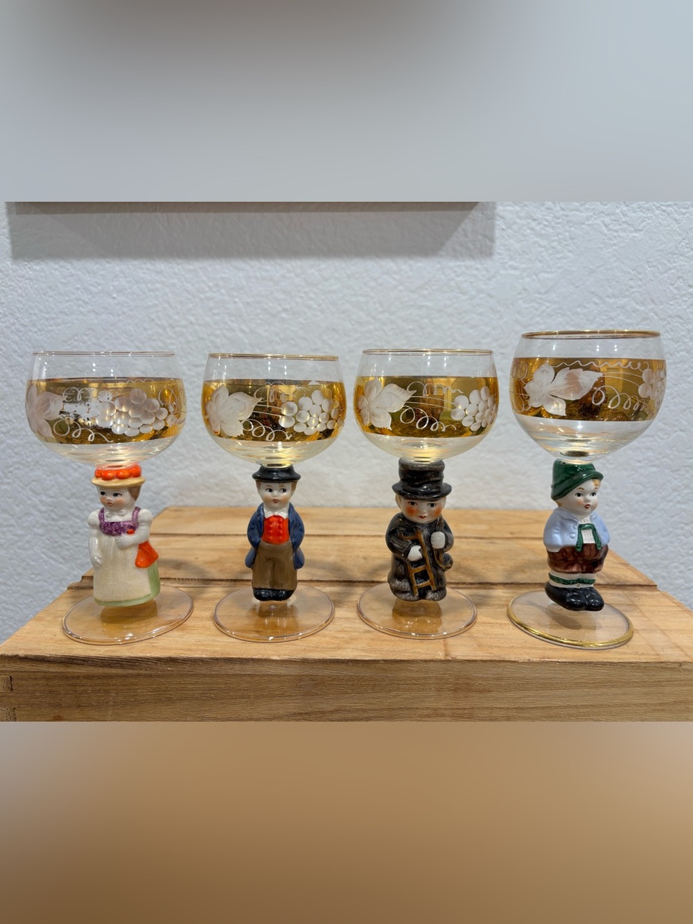 Vintage Goebel Hummel Figurine Wine Glass Set of 3 German Hock Goblets 14K Gold